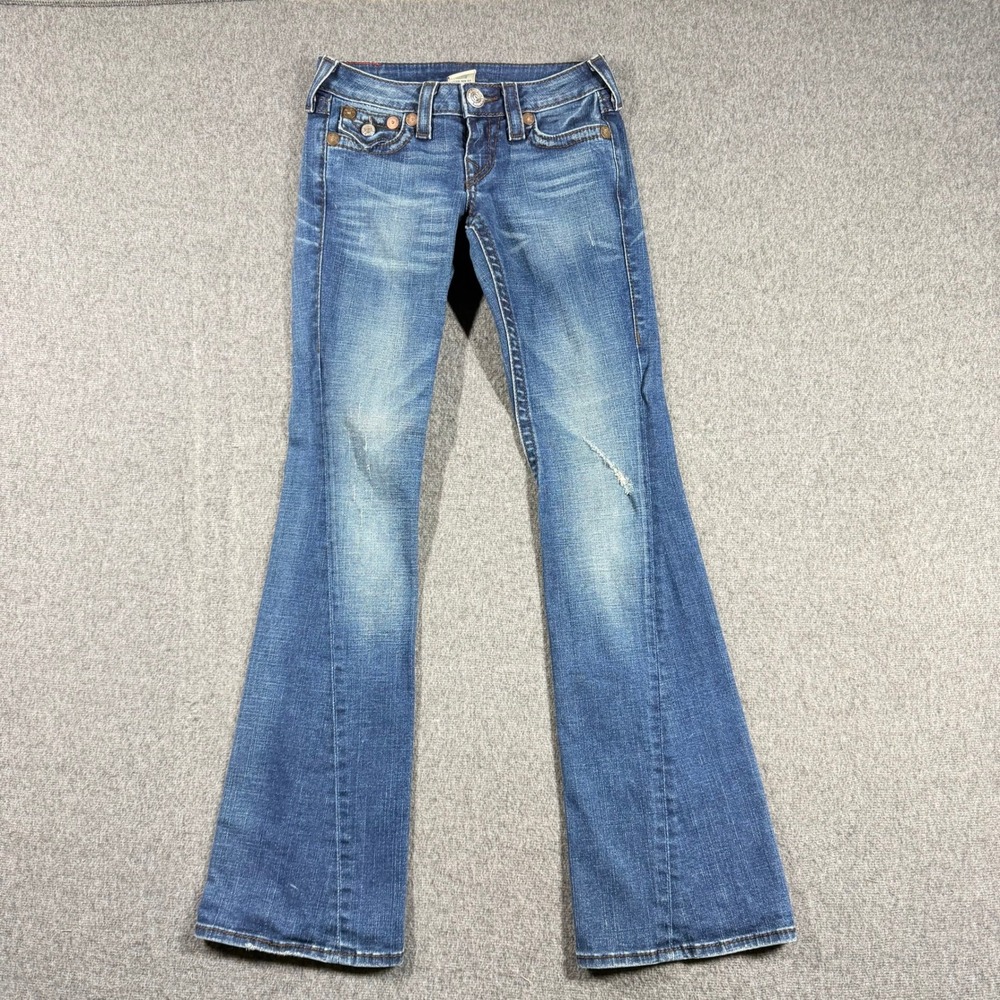 Y2K True Religion Joey Low Rise Flare Jeans Medium Wash Twisted Seam Size 25 USA